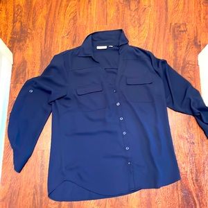 New York Company, navy blue, size large button up women’s shirt with V-neck.